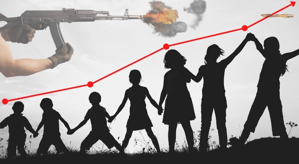 The silhouettes of children are shown in front of an AK-47 firing and an upwards trending graph.