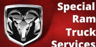 The Ram emblem is shown on a red background with the text 'special Ram truck services' displayed.