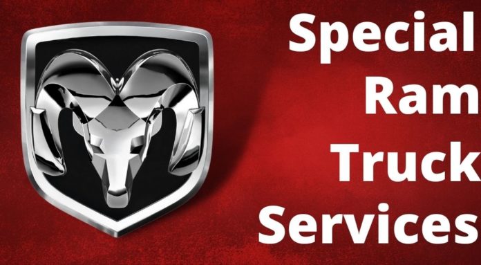 The Ram emblem is shown on a red background with the text 'special Ram truck services' displayed.