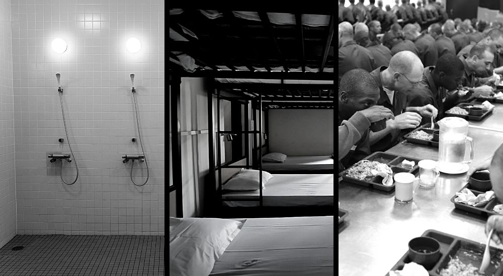The showers, beds, and cafeteria of a prison are shown in black and white.