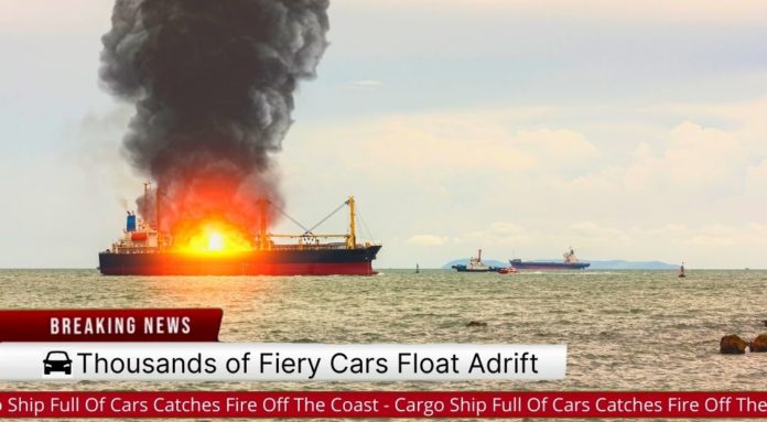 A breaking news alert is shown showing a container ship on fire.
