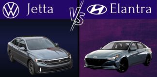 A grey 2022 Volkswagen Jetta and a grey 2022 Hyundai Elantra are shown facing eachother on a purple background.