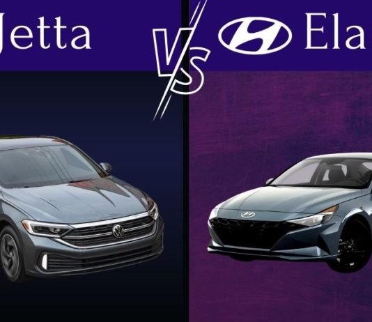 A grey 2022 Volkswagen Jetta and a grey 2022 Hyundai Elantra are shown facing eachother on a purple background.