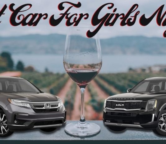 A grey 2022 Honda Pilot and a black 2022 Kia Telluride are shown parked next to a glass of wine during a 2022 Honda Pilot vs 2022 Kia Telluride comparison.