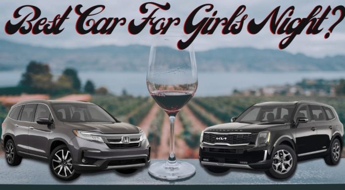 A grey 2022 Honda Pilot and a black 2022 Kia Telluride are shown parked next to a glass of wine during a 2022 Honda Pilot vs 2022 Kia Telluride comparison.