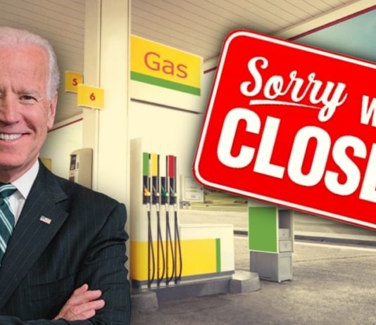 Joe Biden is shown in front of a closed gas station near a Murfreesboro used car dealer.