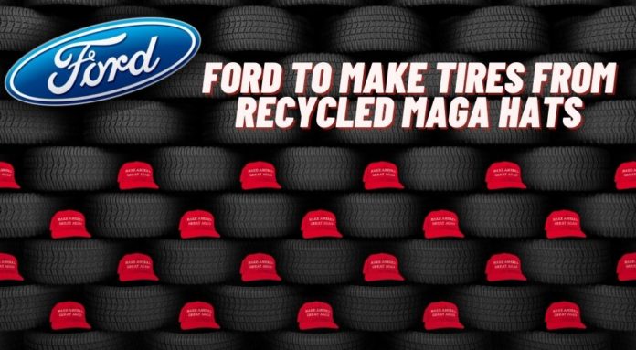 A wall of affordable tires near you is shown with MAGA hats placed in it after.