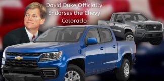 David Duke is shown behind a blue 2022 Chevy Colorado and a black 2022 Nissan Frontier after someone searched '2022 Nissan Frontier vs 2022 Chevy Colorado'.