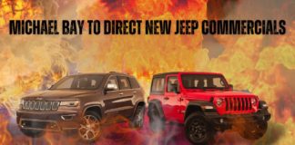 A Jeep Grand Cherokee and Wrangler are shown during a fiery Jeep Grand Cherokee for sale commercial.