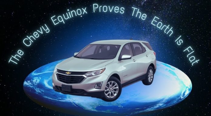A silver 2022 Chevy Equinox is shown on top of a flat earth after leaving an Equinox dealer.