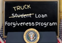 The presidential seal is shown in front of a blackboard that has "truck loan forgiveness written on it" during a 2022 Ford F-150 vs 2022 Chevy Silverado 1500 comparison.