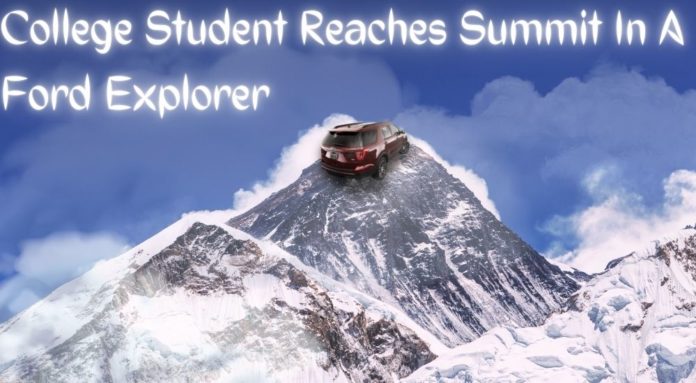 A red 2019 Ford Explorer is shown on top of Mount Everest after leaving an all season tire dealer.