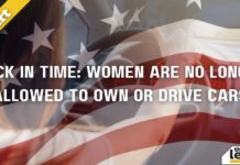 An american flag is shown overlayed over a woman driving a car.