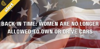 An american flag is shown overlayed over a woman driving a car.