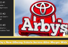 An Arbys Toyota Oil Change sign is shown next to food menu options.