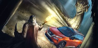 A wizard is shown fighting a Nissan Rogue and a dragon after leaving a Nissan Rogue dealer.