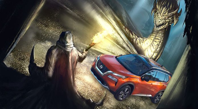 A wizard is shown fighting a Nissan Rogue and a dragon after leaving a Nissan Rogue dealer.