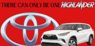 A white 2022 Toyota Highlander is shown from the front at an angle next to a Toyota symbol after leaving a Toyota Highlander dealer.