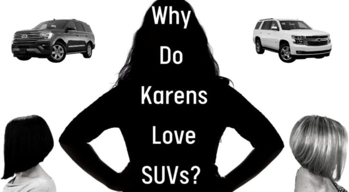 Two SUVs are shown with three Karens at a used SUV dealer.