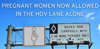 A road sign for an HOV lane is shown from a low angle.