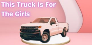 A pink 2023 Chevy Silverado is shown on a pink background.