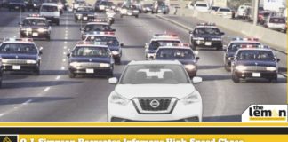 A white 2020 Nissan Kicks is shown leading a group of police cars after leaving a certified Nissan Kicks dealer.