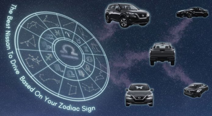 The zodiac calendar is shown surrounded by Nissan vehicles from a Nissan dealer.