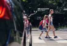 Children are shown being targeted by pedestrian destruction technology after exiting a 2023 Ford F-450.