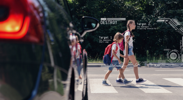 Children are shown being targeted by pedestrian destruction technology after exiting a 2023 Ford F-450.