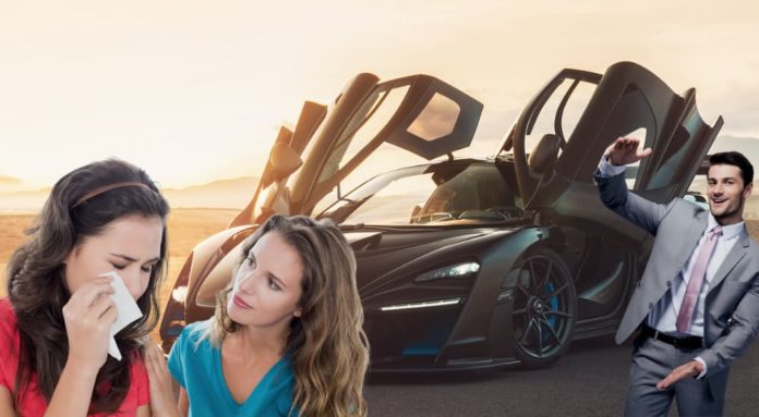 Two woman and a man are shown in front of a black 2021 McLaren Senna.