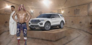 A white 2023 Ford Explorer is shown in a sauna.