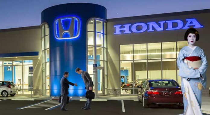 People are shown in front of a Honda dealer.