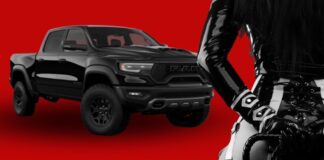 A dominatrix is shown in front of a 2022 Ram 1500 TRX after leaving a tire center.