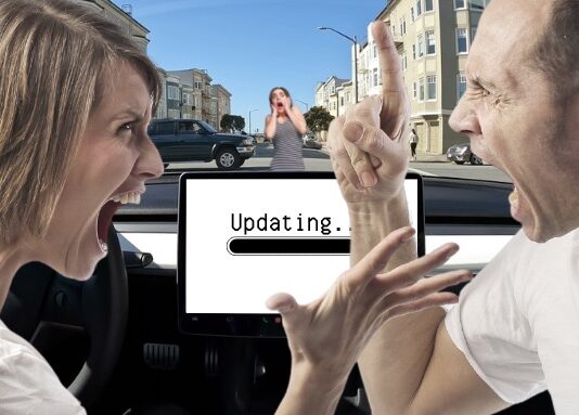 A couple is shown arguing in front of a Tesla dash.