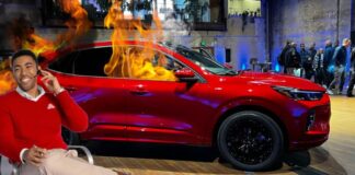 A red 2024 Ford Escape for sale is shown from the side on fire.