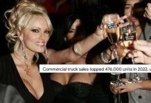 A female is shown toasting to commercial truck sales in NJ.