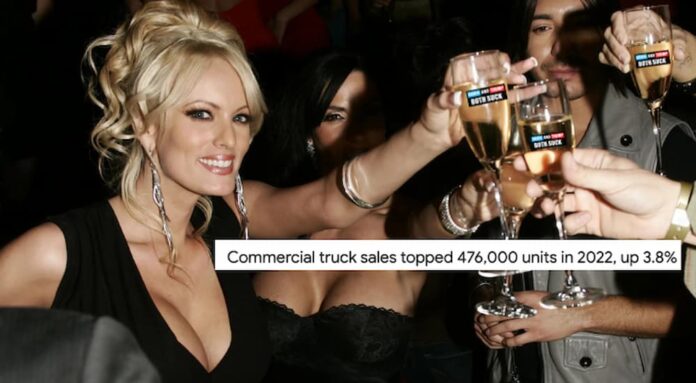 A female is shown toasting to commercial truck sales in NJ.