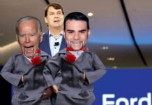 Jim Farley is shown with Joe Biden and Ben Shapiro puppets after policy changes on used Ford F-150 for sale.