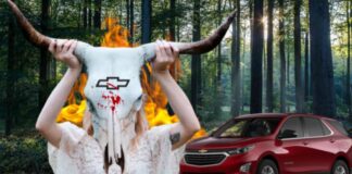A flaming cow skeleton with a Chevy Logo is shown after searching Chevy Equinox for sale.