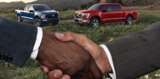 People are shown shaking hands in front of a Ford F-150 for sale near Citrus Heights, CA.