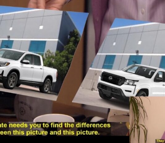 A picture of a white 2023 Honda Ridgeline and a white 2023 Nissan Frontier are shown side by side during a 2023 Nissan Frontier vs 2023 Honda Ridgeline comparison.