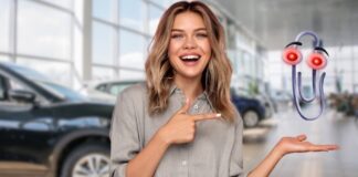A woman is shown holding an evil Clippy at a Chevy Silverado 1500 dealer.