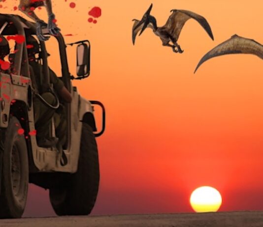 A humvee is shown being swarmed by pterodactyls near a Jeep Wrangler dealer.