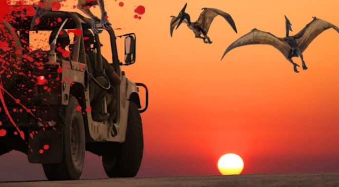 A humvee is shown being swarmed by pterodactyls near a Jeep Wrangler dealer.