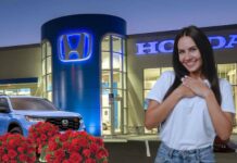A person is shown standing near a Honda dealership.