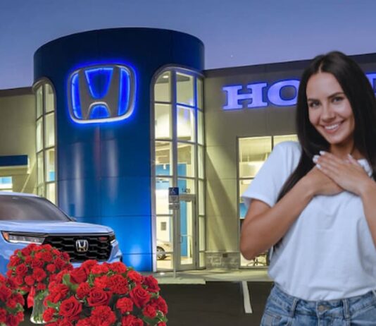 A person is shown standing near a Honda dealership.