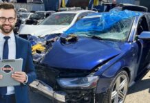 A person is shown holding a clipboard while standing near a damaged car.