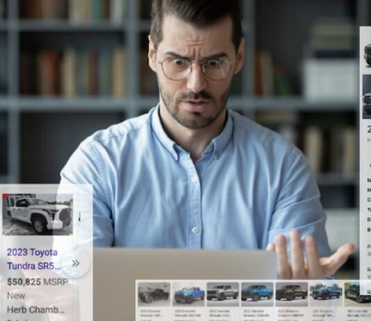 A man is shown overwhelmed while searching for 2023 Chevy Silverado vs 2023 Toyota Tundra online.