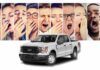 Ten people are shown yawning near a white 2023 Ford F-150 XL.