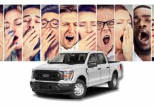 Ten people are shown yawning near a white 2023 Ford F-150 XL.